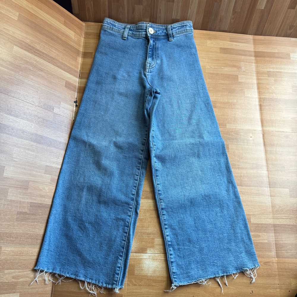 Zara Marine Straight Wide Leg Jeans,high-rise adjustable waist, size 10,raw hem